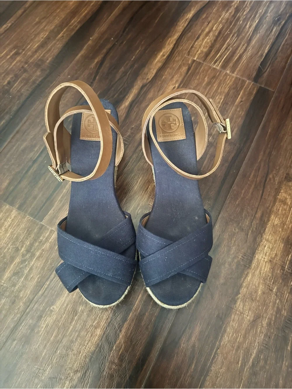 Tory Burch Navy Canvas Wedge Sandals with Tan Ankle Straps